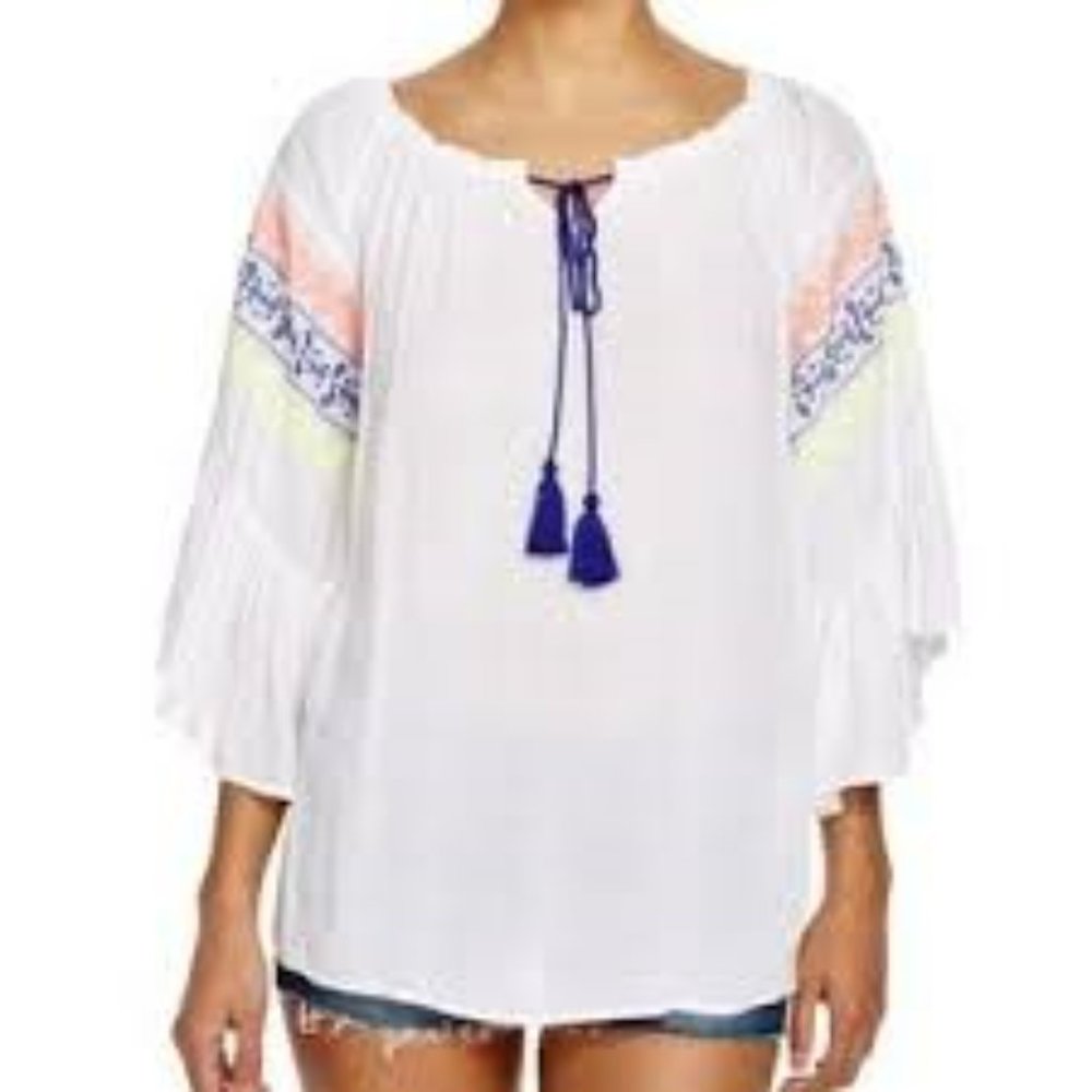 Surf Gypsy | Neon Embroidered Tassel Peasant Blouse